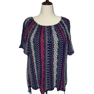 Westport Top Womens 2X Red Blue Floral Paisley Lace Trim Peasant Boho NWT